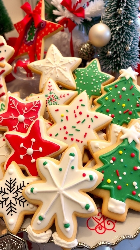 Decorated Christmas sugar cookies in festive shapes on a platter with holiday decorations.